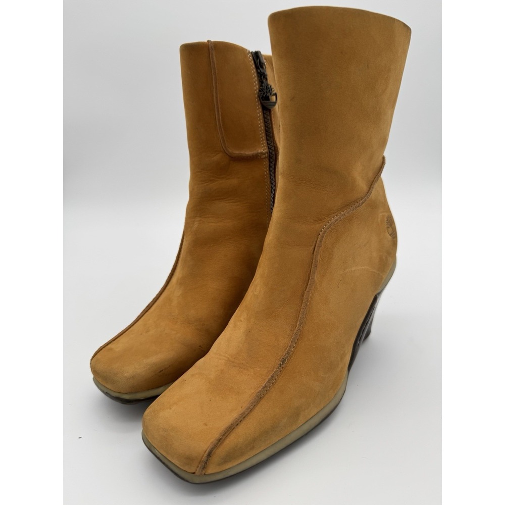 Timberland Tan Leather Mid Calf Boots Womens Size 6M Zip Heel Boots